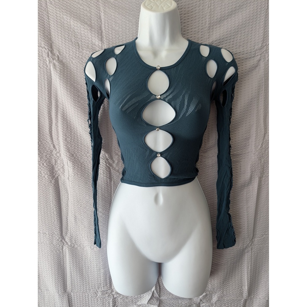 Fashion Nova Womens Teal Blue Cutout Rhinestone Long Sleeve Crop Top Junior 0S